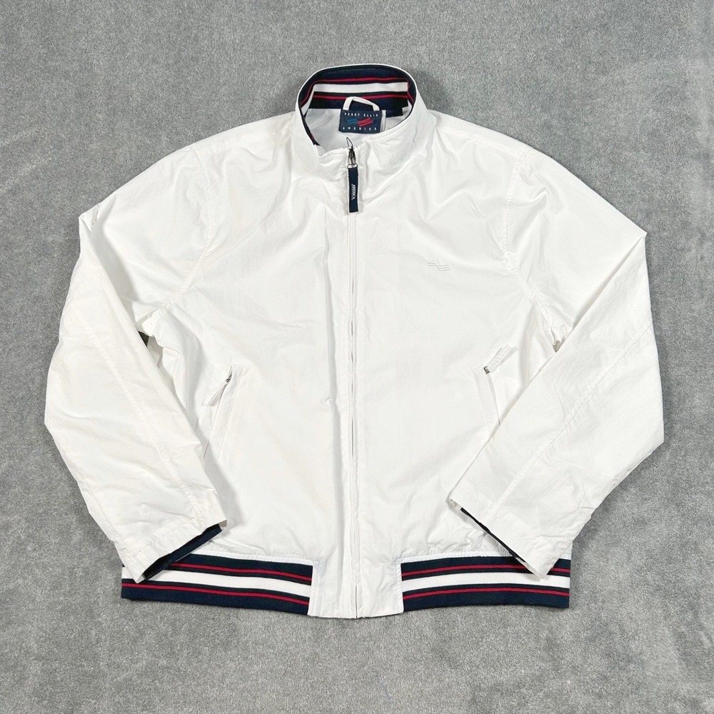 Perry Ellis America Windbreaker Full Zip White Jacket Striped Trim Mens XL New